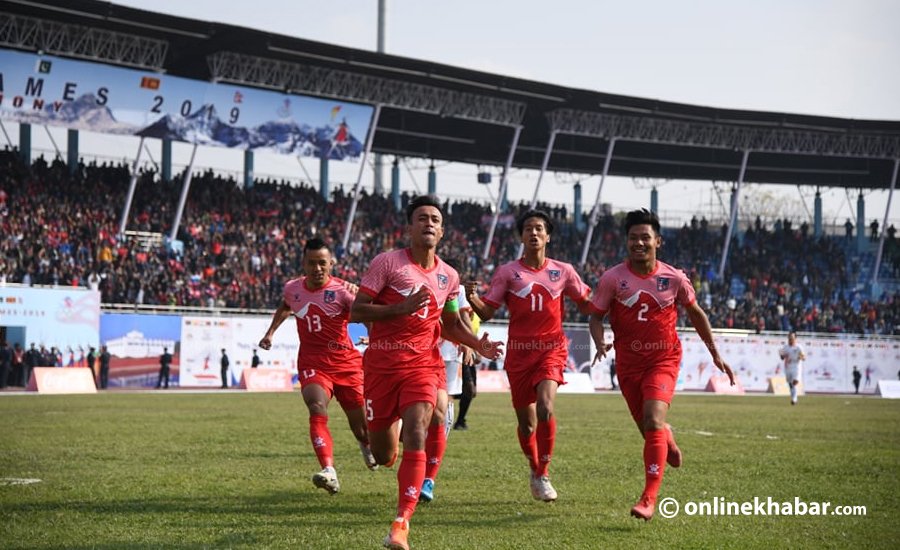 File: Nepal footballers during a match against Bhutan under the 13th South Asian Games, in Kathmandu, on Tuesday,  December 3, 2019. 