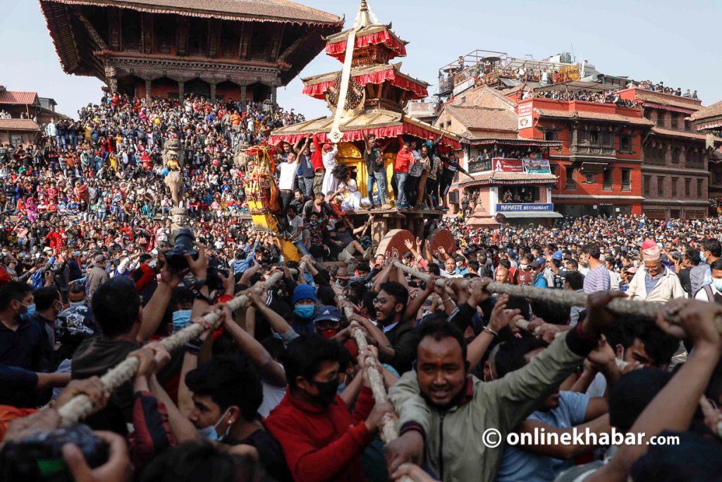 File: People gather at Bhaktapur Durbar Square for the Biska Jatra celebration on Saturday, April 11, 2021.