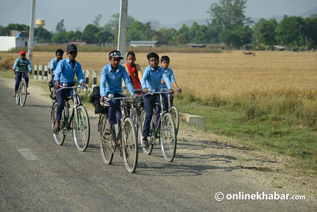 After the introduction of the federal system in Nepal, children from Narainapur rural municipality have been encouraged to go to school. Girls were handed out free bicycles to improve their participation. Photo: Chandra Bahadur Ale