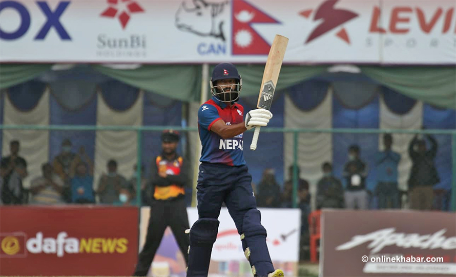 Dipendra Singh Airee during a match of the tri-nation series against PNG and Malaysia in April 2022. Photo: Bikash Shrestha