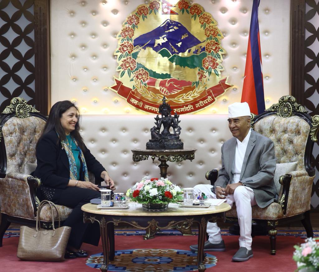 The United States Undersecretary of State for Civilian Security, Democracy, and Human Rights and US Special Coordinator for Tibetan Issues, Uzra Zeya, meets Prime Minister Sher Bahadur Deuba on Sunday, May 22, 2022. Photo: Twitter/SherBDeuba