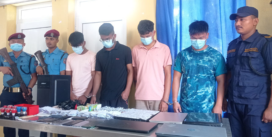 Four persons arrested on the charge of online gambling in the name of an education consultancy, in Damak of Jhapa, in August 2022. 