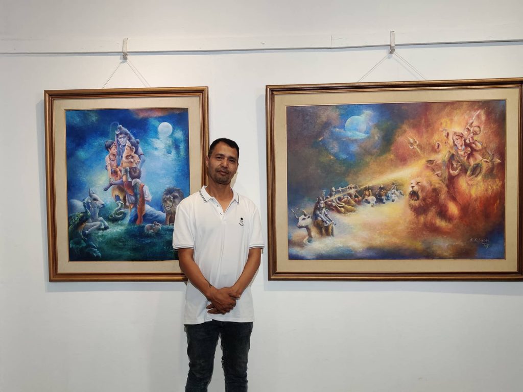 Artist Suresh Kumar Dyola in his exhibition at NAC. Photo: Nasana Bajracharya