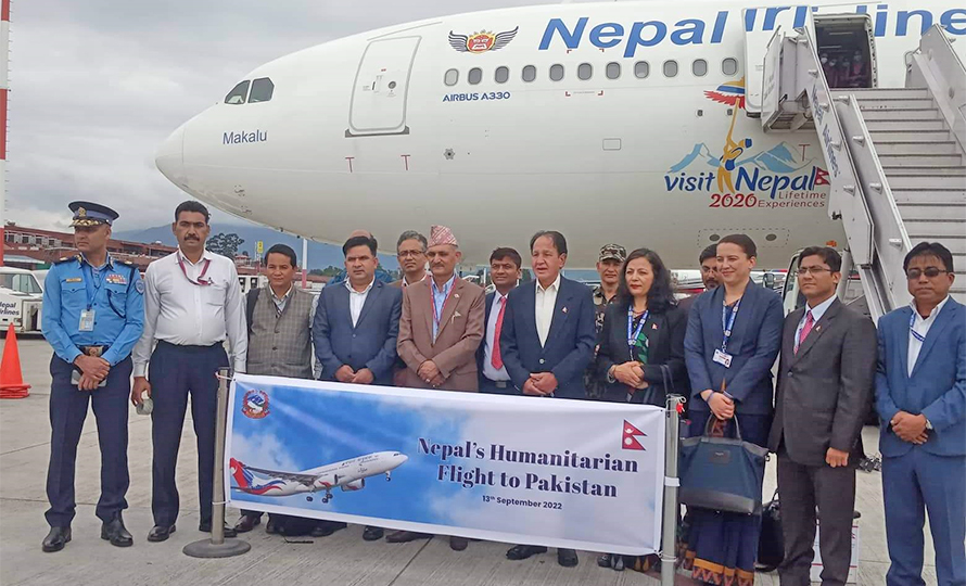 Foreign Affairs Minister Narayan Khadka sees off the Nepali team carrying humanitarian aid to Pakistan, in Kathmandu, on Tuesday, September 13, 2022. 