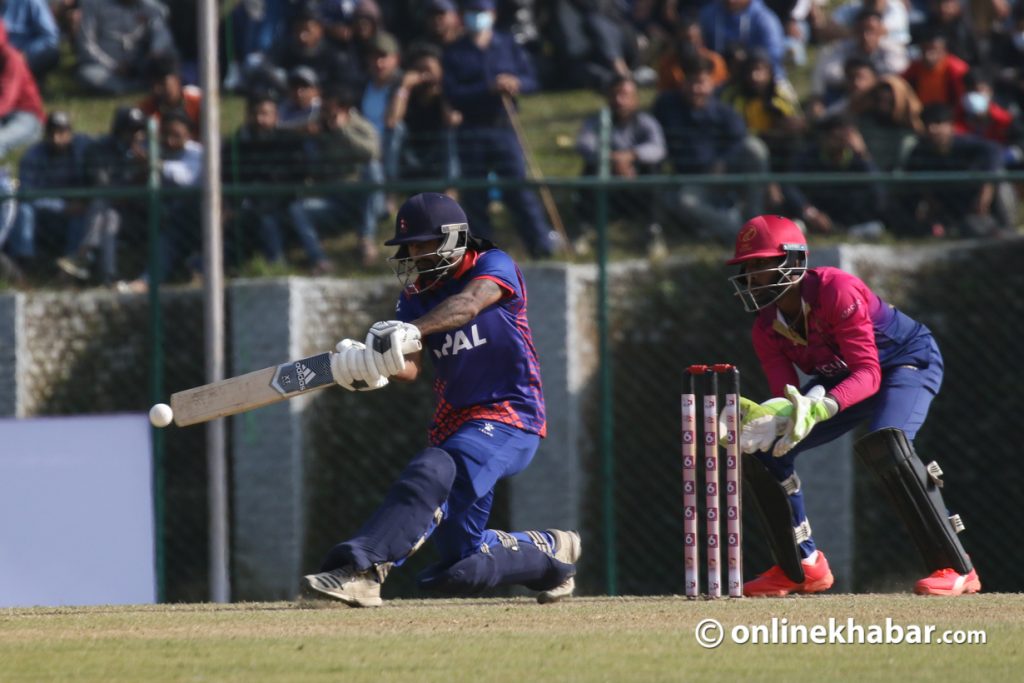 Dipendra Singh Airee plays a shot against UAE.