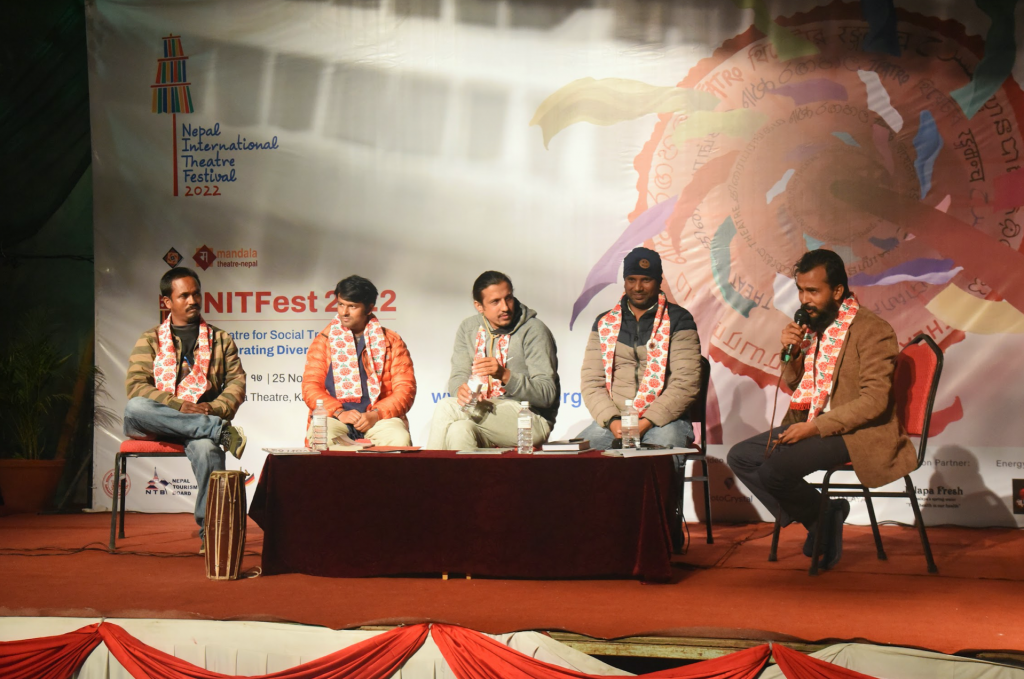 A panel discussion on challenges of theatres outside Kathmandu takes place during the Nepal International Theatre Festival. Photo: Mandala Theatre 