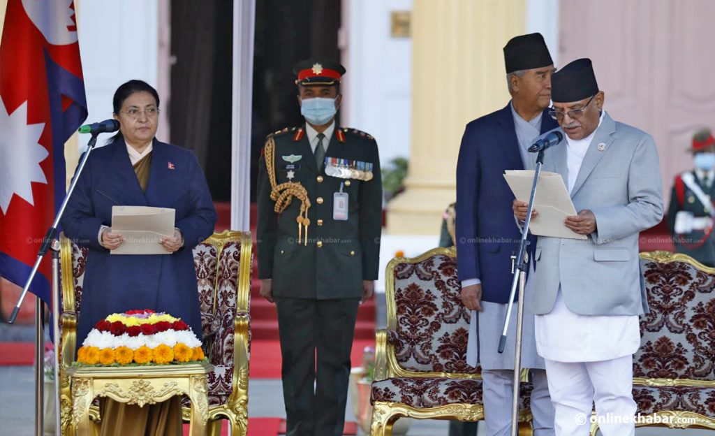 Prime Minister Pushpa Kamal Dahal 'Prachanda' takes the oath of office and secrecy from President Bidya Devi Bhandari, in Kathmandu, on Monday, December 26, 2022. Photo: Bikash Shrestha