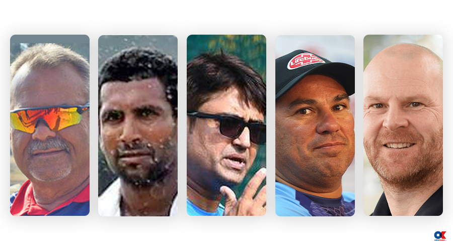 L-R: Dav Whatmore, Dhammika Prasad, Monty Desai, Russel Craig Domingo and Glenn Pocknall, shortlisted for Nepal cricket head coach in January 2023