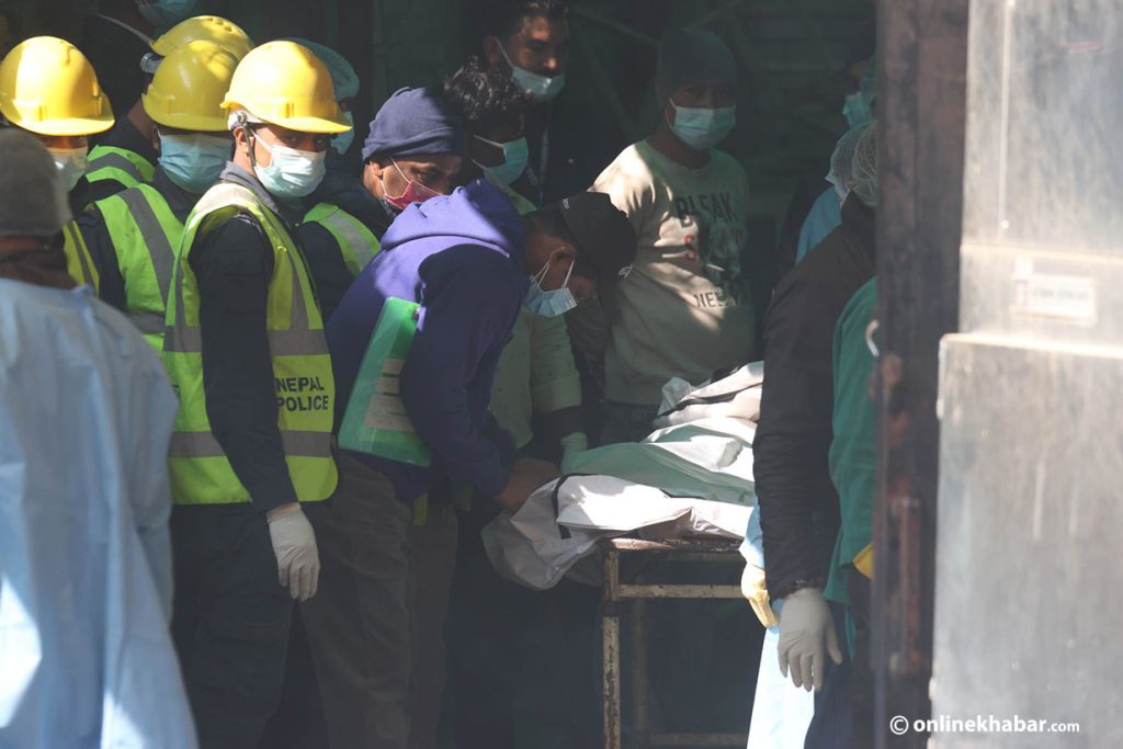 Some bodies of the victims of the Pokhara plane crash have been brought to Kathmandu for postmortem, in Kathmandu, on January 17, 2023. Photo: Aryan Dhimal