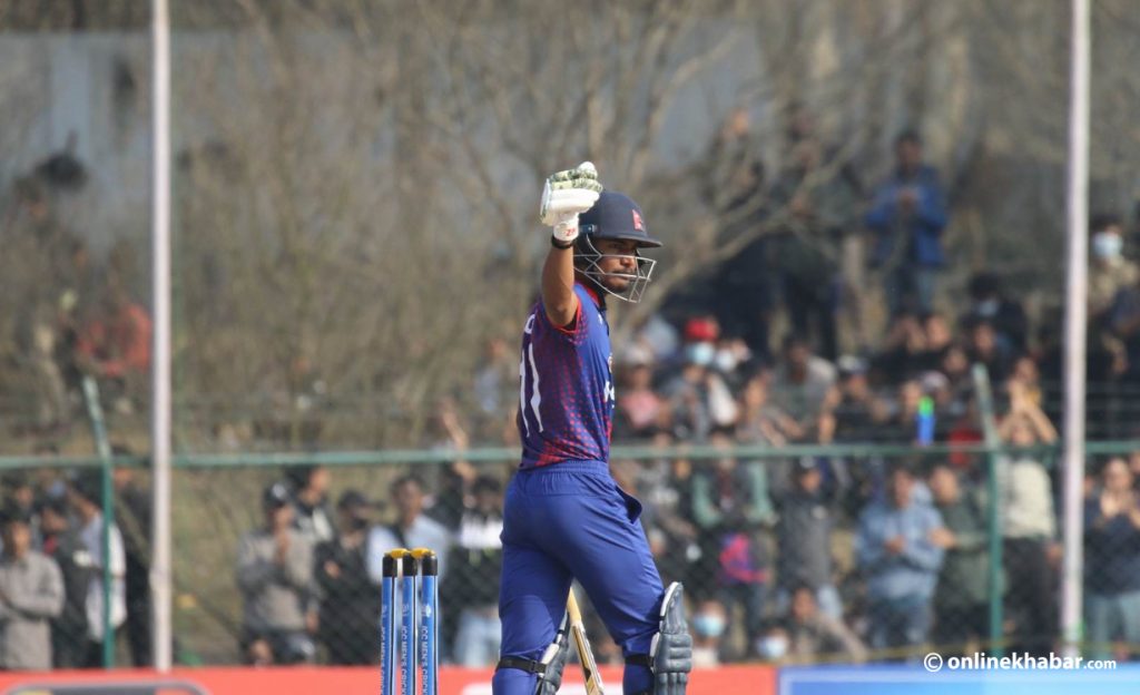 Nepal cricket captain Rohit Paudel poses for a photo as he bats against Scotland in a tri-series match held under the ICC Men's Cricket World Cup League 2, in Kathmandu, on Tuesday, February 21, 2023. Photo: Bikash Shrestha