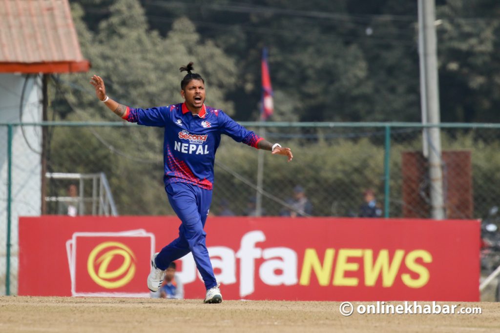 Rape-accused cricketer Sandeep Lamichhane celebrates after taking a wicket from Scotland, during a match held under the ICC Men's Cricket World Cup League 2, in Kathmandu, on Tuesday, February 21, 2023. Photo: Bikash Shrestha