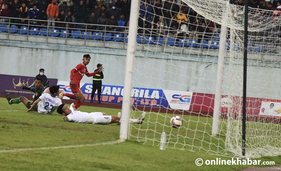 Ayush Ghalan netting the equaliser against Laos in the final of Prime Minister's Three Nations Cup on March 31, 2022. Photo Chandra Bahadur Ale