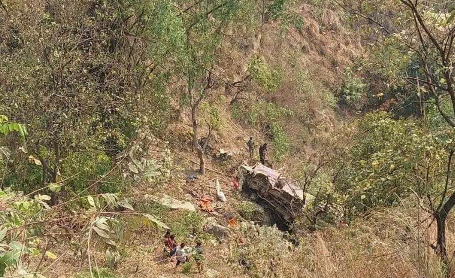 A bus falls off the road in Tinau of Palpa, on Sunday, April 23, 2023.