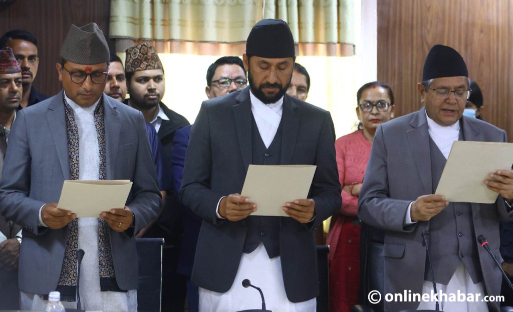 Rastriya Swatantra Party leaders Rabi Lamichhane and Swarnim Wagle take the oath of office and secrecy as the House of Representatives members, in Kathmandu, on Friday, April 28, 2023. Photo: Aryan Dhimal