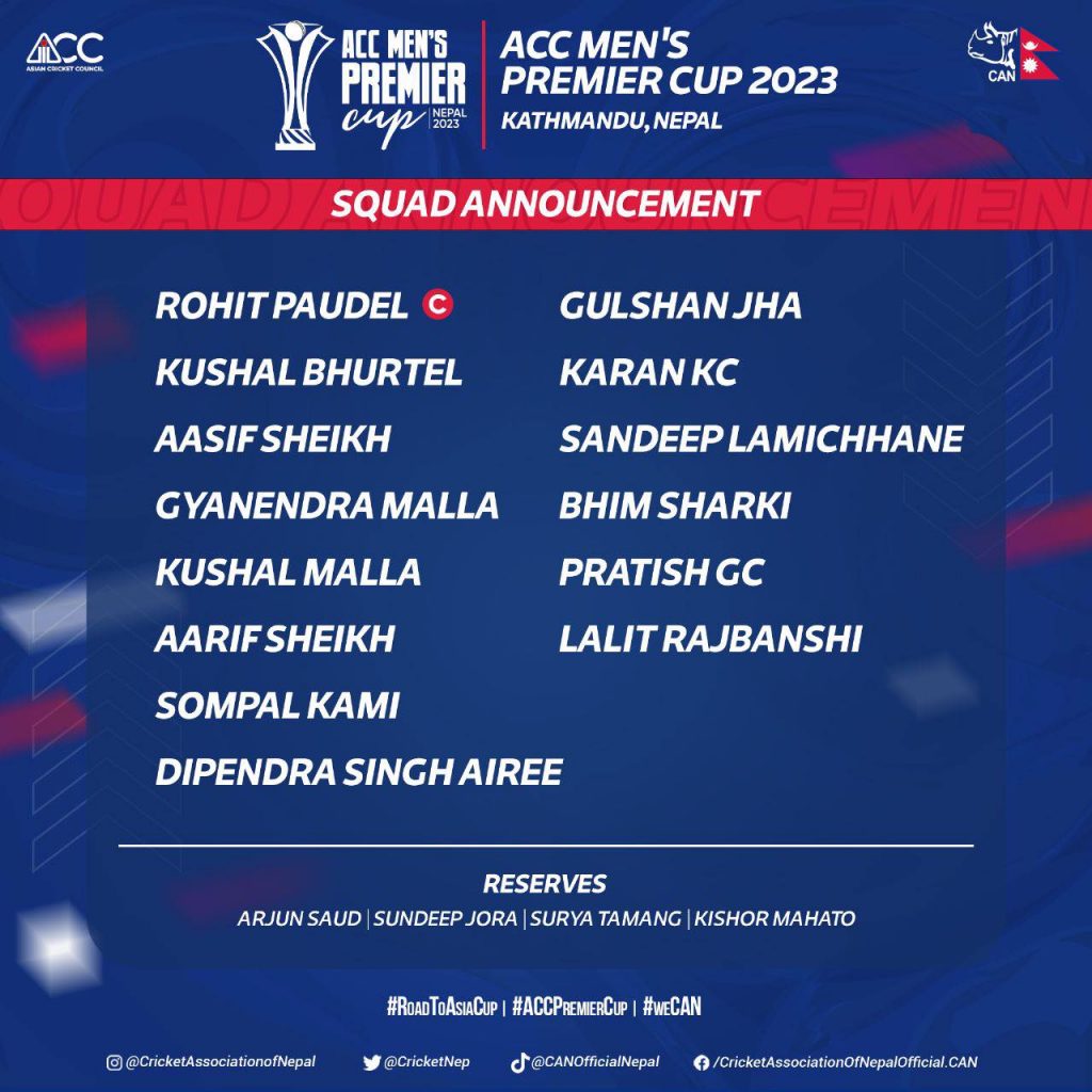 Final Nepal squad for the ACC Men's Premier Club, Kathmandu, April 2023. Photo: CAN 
