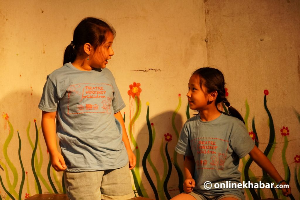 Participants play a role during a workshop aimed at promoting the presence of children in the theatre in Nepal, in Kathmandu, in April 2023. Photo: Prasun Sangroula