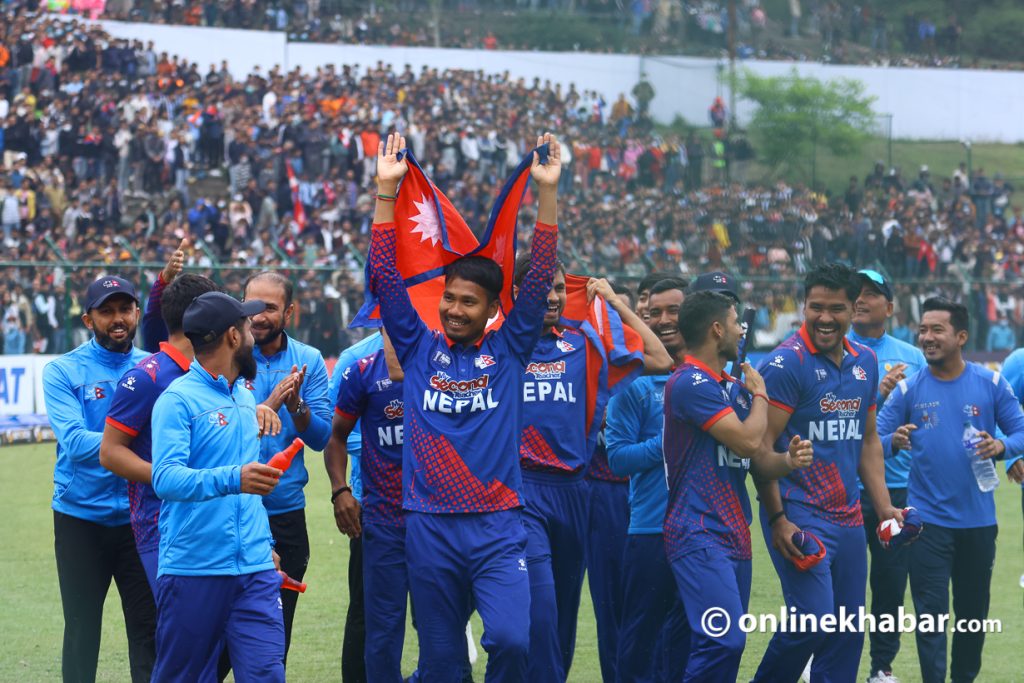 The Nepal cricket team celebrate after winning the ACC Men's Premier Cup final against the UAE, in Kathmandu, on Tuesday, May 2, 2023. ICC World Cup Qualifier