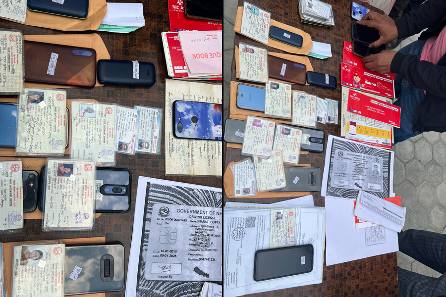 Documents and devices seized from Indian nationals arrested on the charge of obtaining Nepali citizenship, in Kathmandu, in May 2023