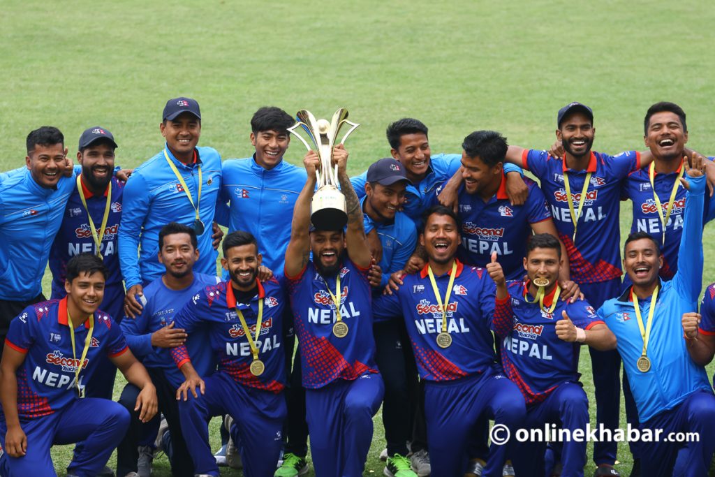 The Nepal cricket team celebrate after winning the ACC Men's Premier Cup, in Kathmandu, on May 2, 2023. pledged amount