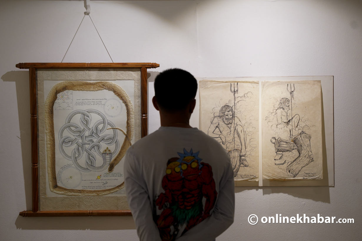 Sketches by artist Jimmy Thapa at the exhibition Siddhas in Ganga at Siddhartha Art Gallery, Baber Mahal. Photo: Shankar Giri