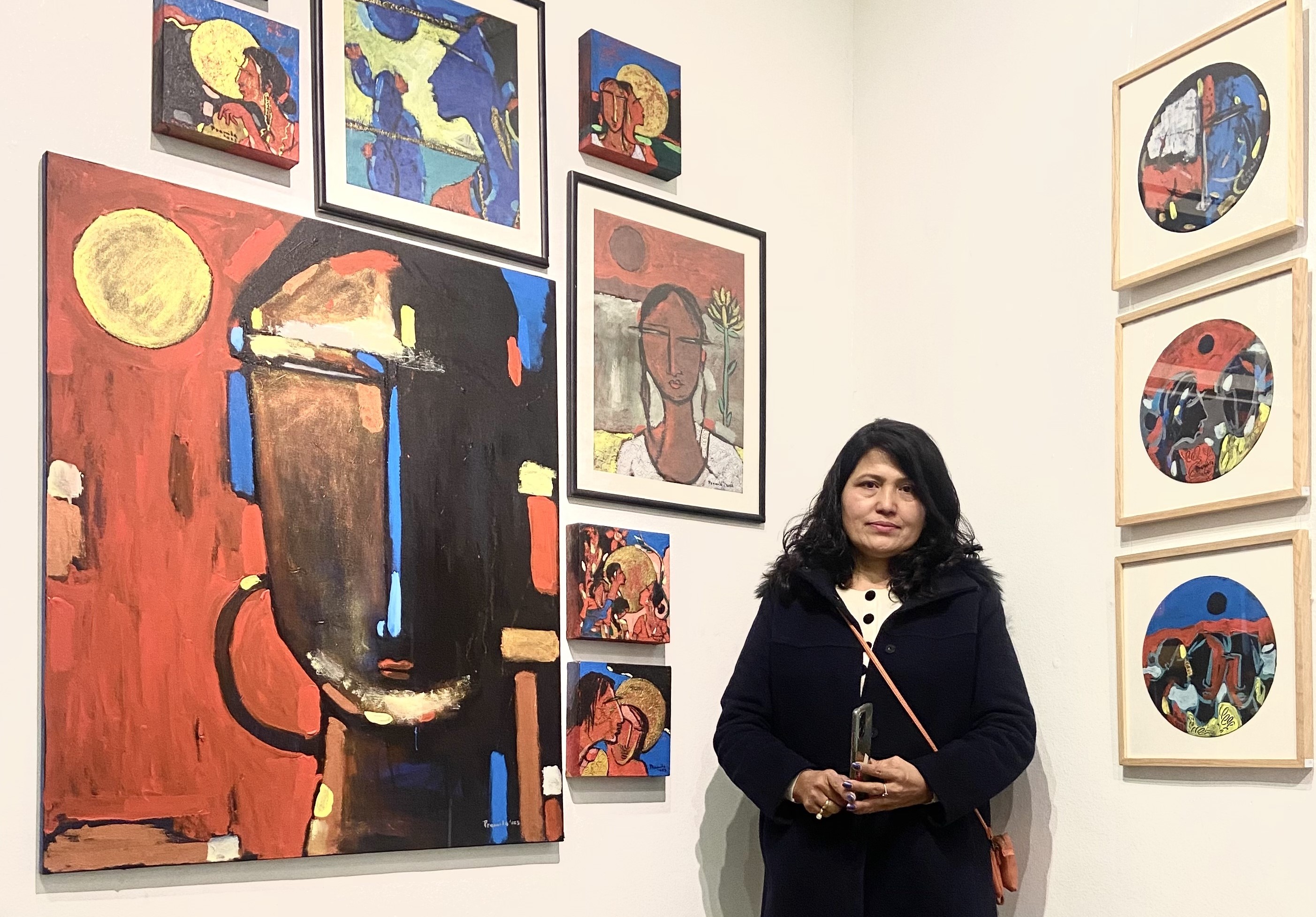 Artist Pramila Bajracharya at her solo exhibition Womanhood at Gallery Mcube, Chakupat, Patan.