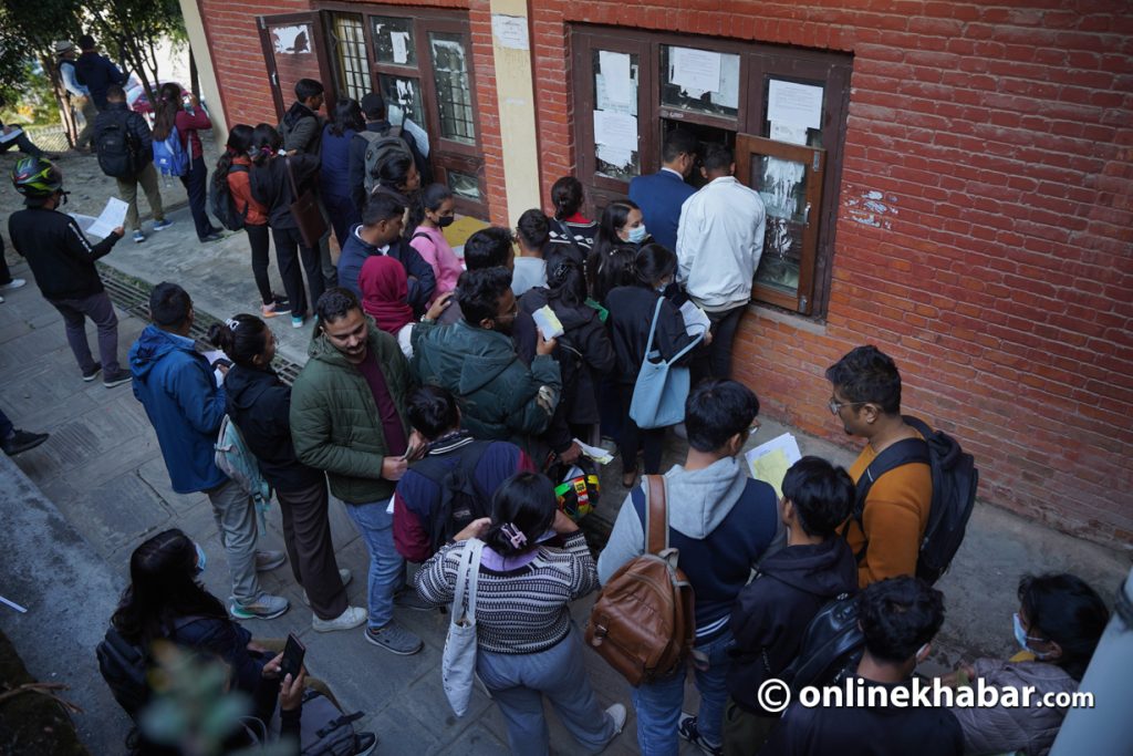 Students lined up for certificate at TU office of examination control at Balkhu.