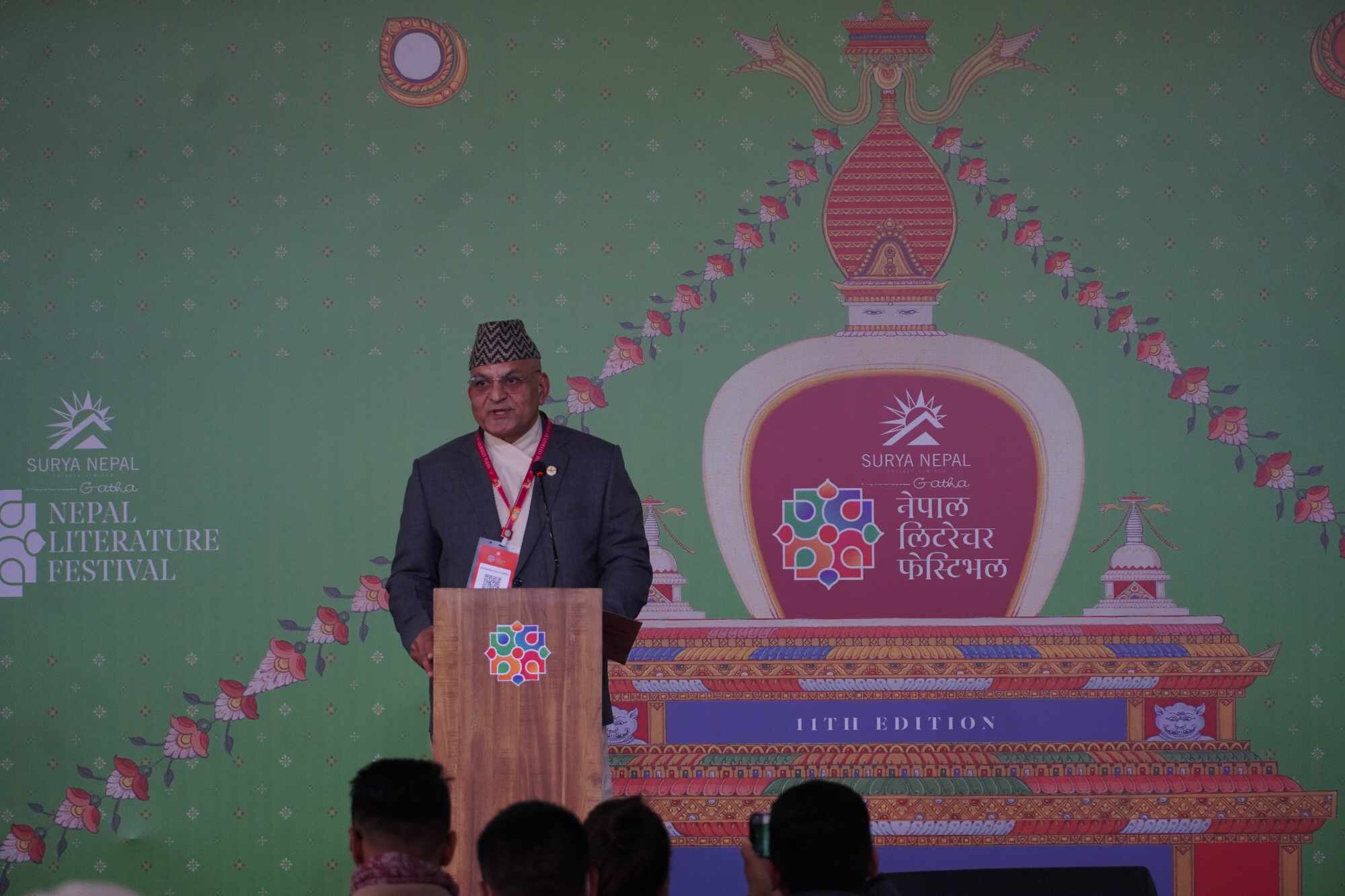 chief minister of Gandaki Province Surendra Raj Pandey delivering speech during Nepal Literature Festival. Photo: Prasun Sangroula