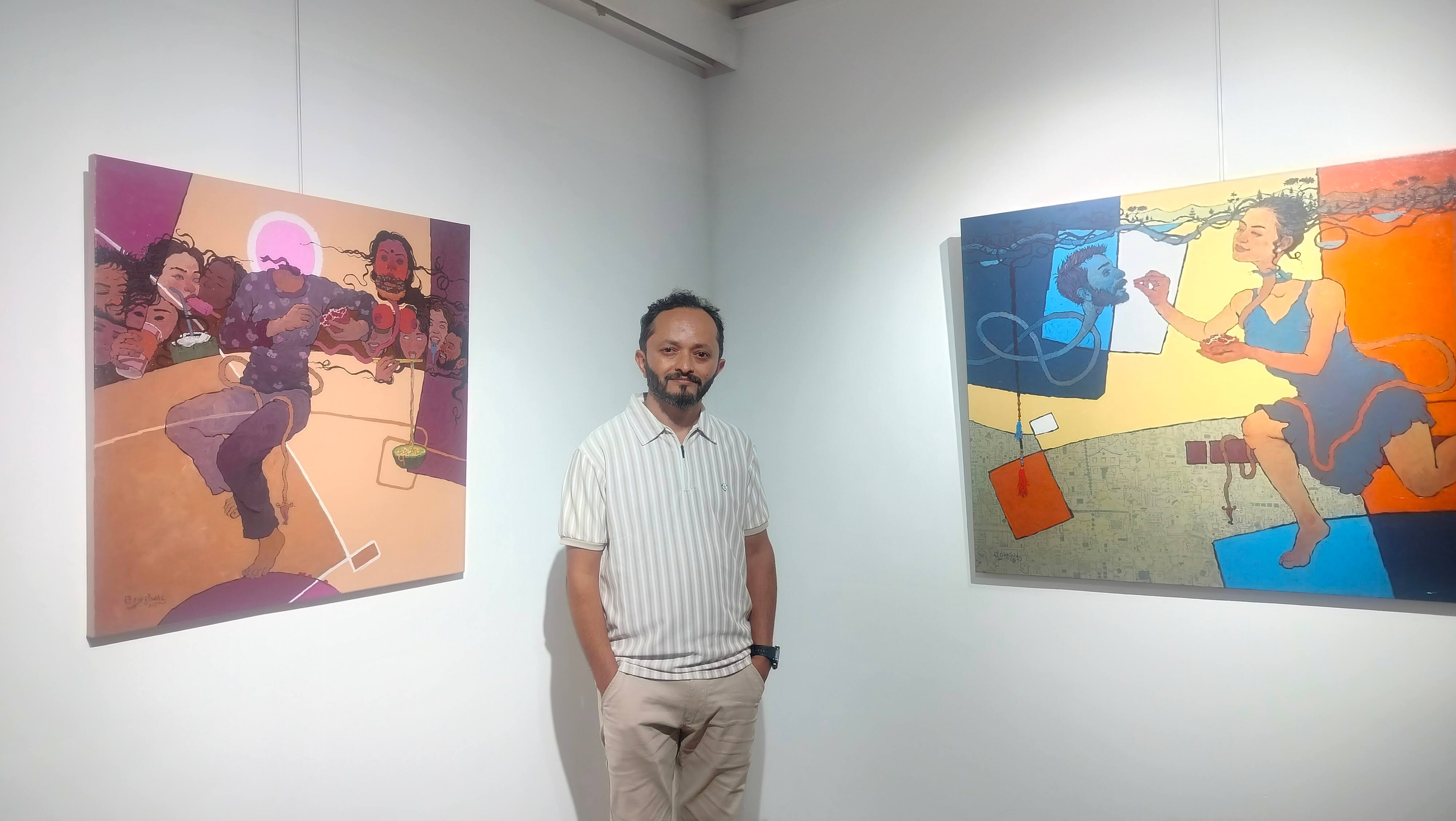 Artist UR Rimal at his solo painting exhibition at Dalai-La Boutique Hotel, Thamel.