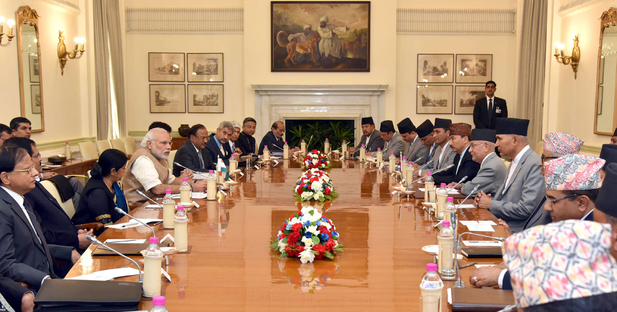The Prime Minister, Shri Narendra Modi and the Prime Minister of Nepal, Shri K.P. Sharma Oli at the delegation level talks, at Hyderabad House, in New Delhi on February 20, 2016.