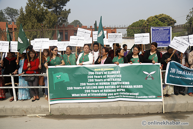 A day ahead of Prince Harry’s arrival, Gurkha demonstration outside UK Embassy in Kathmandu