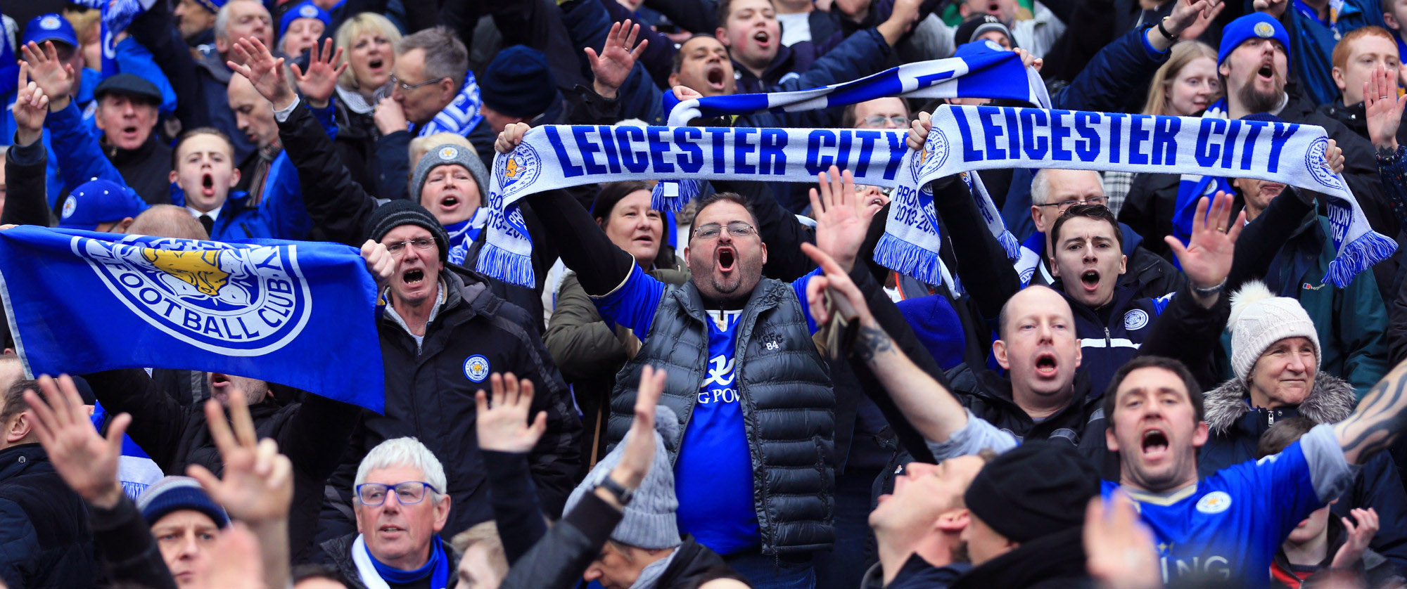 MANCHESTER, ENGLAND - FEBRUARY 06: Leicester fans celebrate during the Barclays Premier League match between Manchester City and Leicester City at the Etihad Stadium on February 6, 2016 in Manchester, England. (Photo by Simon Stacpoole/Mark Leech Sports Photography/Getty Images)