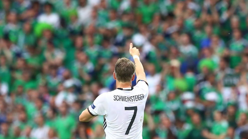 PARIS, FRANCE - JUNE 21: Bastian Schweinsteiger of Germany celebrates his team's 1-0 win in the UEFA EURO 2016 Group C match between Northern Ireland and Germany at Parc des Princes on June 21, 2016 in Paris, France. (Photo by Alexander Hassenstein/Getty Images)