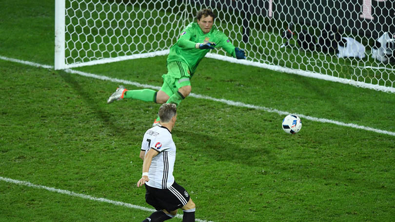 Bastian Schweinsteiger of Germany scores his team's second goal past Andriy Pyatov of Ukraine during the UEFA EURO 2016 Group C match between Germany and Ukraine at Stade Pierre-Mauroy on June 12, 2016 in Lille, France. Photo:Shaun Botterill/Getty Images