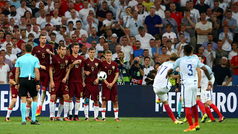 Eric Dier of England scores his team's first goal from a free kick during the UEFA EURO 2016 Group B match between England and Russia at Stade Velodrome on June 11, 2016 in Marseille, France. Photo:Alex Livesey/Getty Images