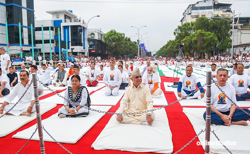 Nepal PM Oli, Indian Ambassador Rae turn Yogis on International Yoga Day, vital road outside Narayanhiti turned Yoga venue