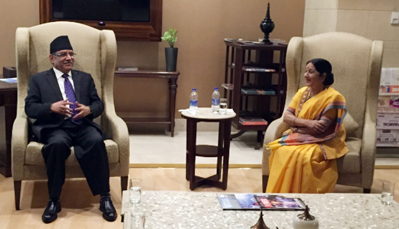 PM Prachanda in New Delhi, India’s External Affairs Minister Sushma Swaraj receives him