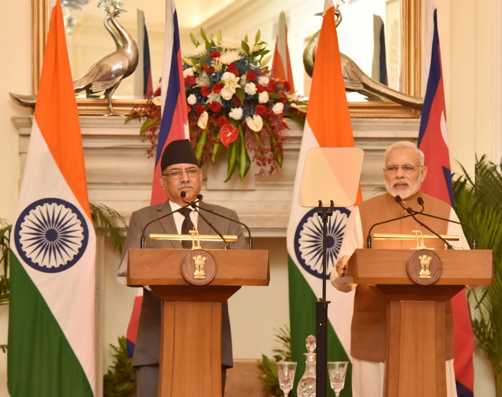 File: Nepal PM Pushpa Kamal Dahal addresses a joint press conference with Indian PM Narendra Modi during his India visit, at Hyderabad House, in New Delhi on September 16, 2016.