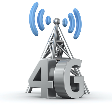 Metal antenna symbol with letters 4G on white