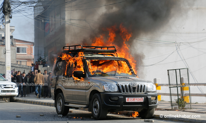 Government vehicle set afire at New Baneshwor