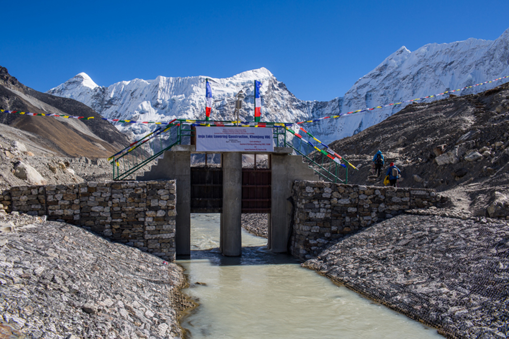 The controlled exit cannel built by Nepal Army in Imja Glacial Lake. The lowering project has tried its best to use locally available materials to make the cannel. Everest Region, Solukhumbu District Nepal.