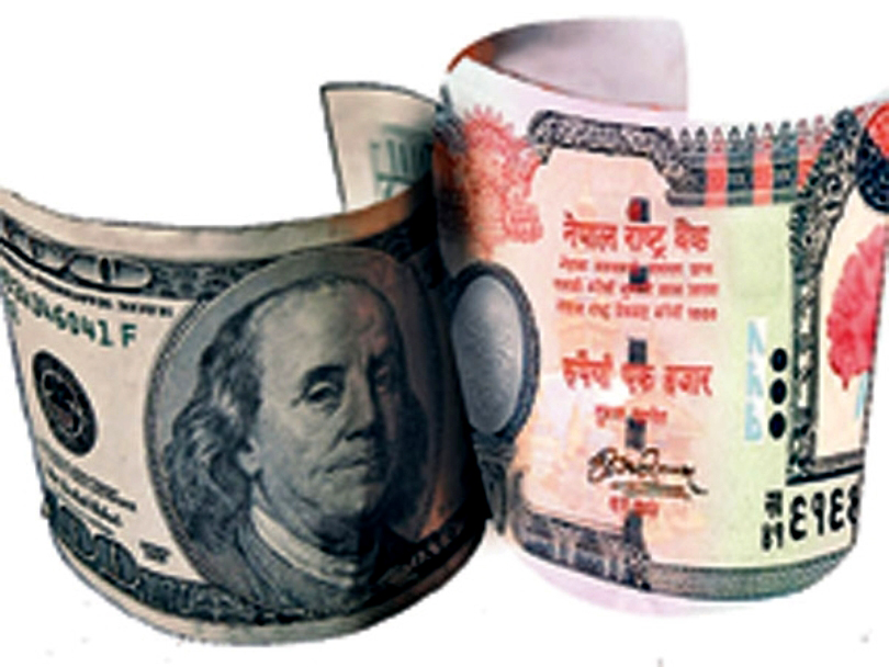 Representational collage: Nepali rupee vs US dollar