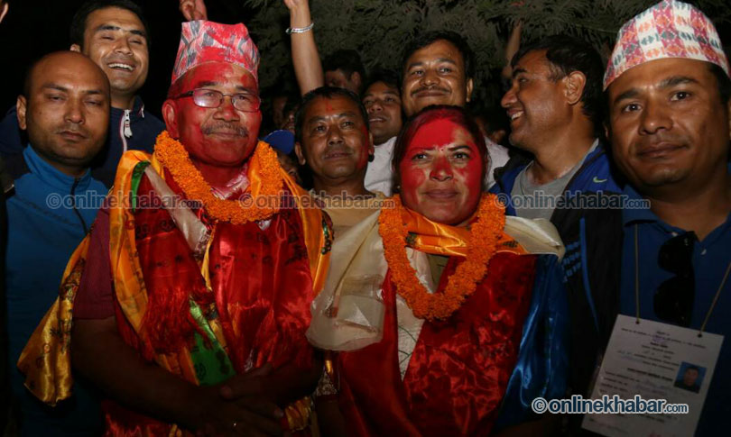 File: Newly elected Mayor of Lalitpur Metropolitan City, Chiribabu Maharjan (l), with his deputy Geeta Satyal, after announcement of poll results, on Tuesday, May 23, 2017.  