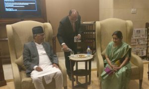 External Affairs Minister Swaraj welcomes Nepal PM Deuba to New Delhi