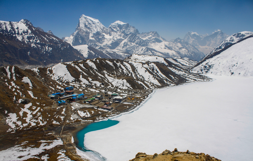 A frozen Gokyo lake seen from Gokyo Ri in the winter.