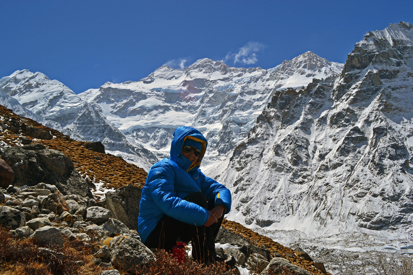 A tourist at Kanchenjunga Base Camp, Province 1, Nepal.