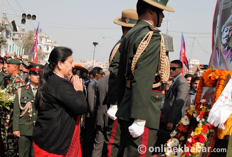 File: President Bidya Devi Bhandari pays tributes to Prithvi Narayan Shah, on the occasion of National Unity Day [Prithvi Jayanti], in Kathmandu, on Thursday, January 11, 2018.