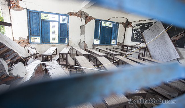 File: A quake-hit school building in Sindhupalchok district
