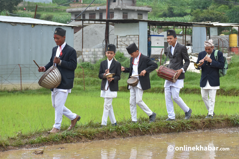 A group playing Panche Baja during the Ropai festival on the occasion of Asar 15