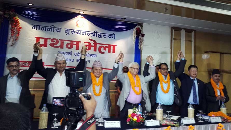 Chief ministers of provincial governments during a meeting in Pokhara, on Thursday, September 6, 2018.