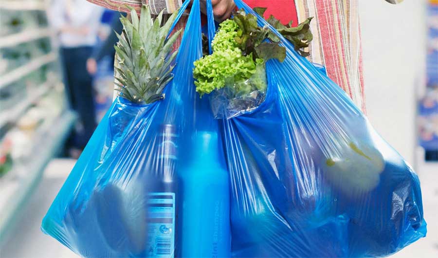 File: Plastic bags are being used to carry groceries.